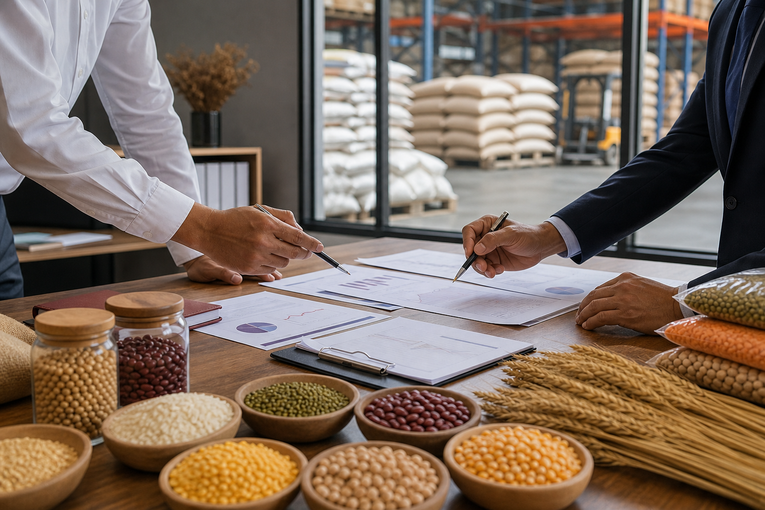 Business professionals reviewing agro product samples and procurement plans